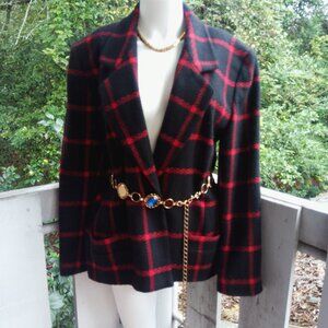 Vintage 80s Anne Klein Wool Cashmere Plaid Blazer Preppy Academia  Black Red 10